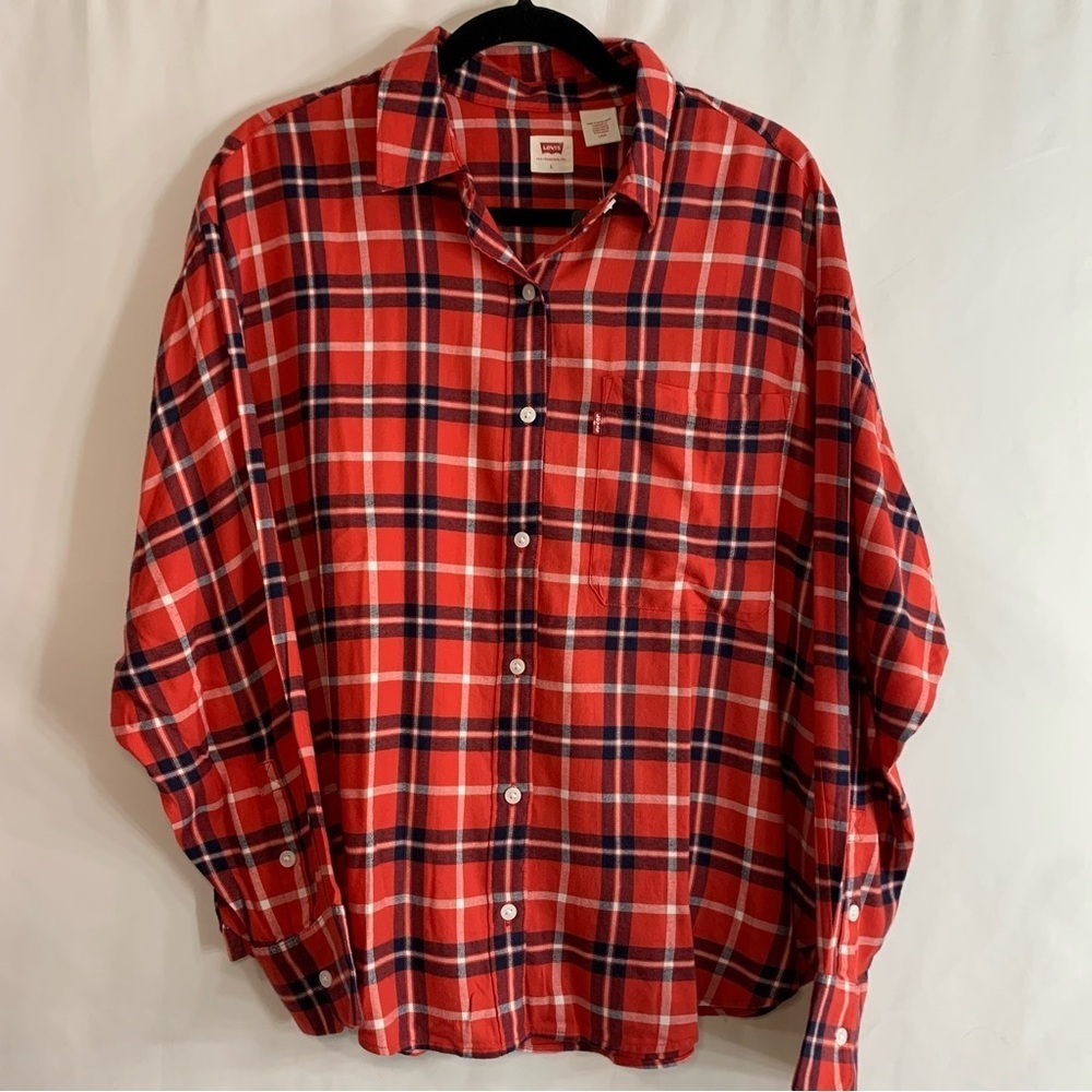 Levi’s Red and Navy Plaid Button-Up Shirt Relaxed Fit, Size L